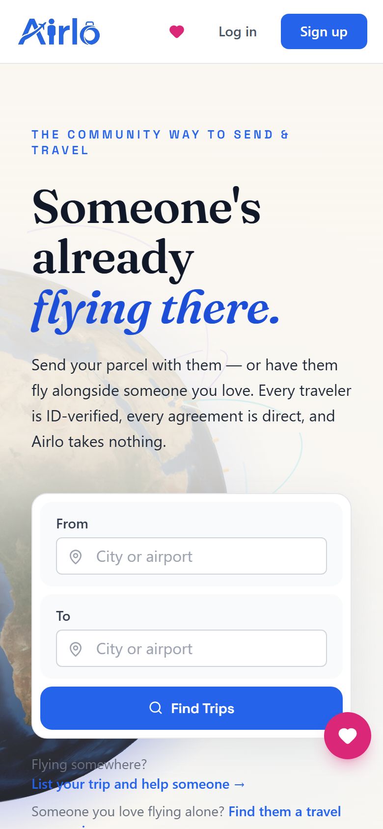 The Airlo app on a phone: search for travellers by city or airport