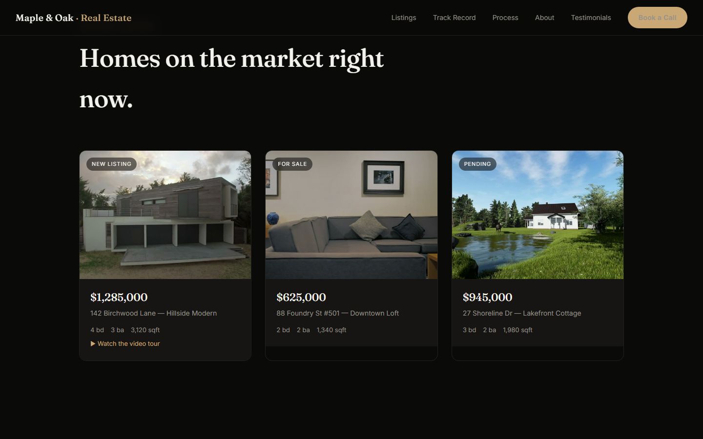 A realtor website with featured listings, prices and video tours