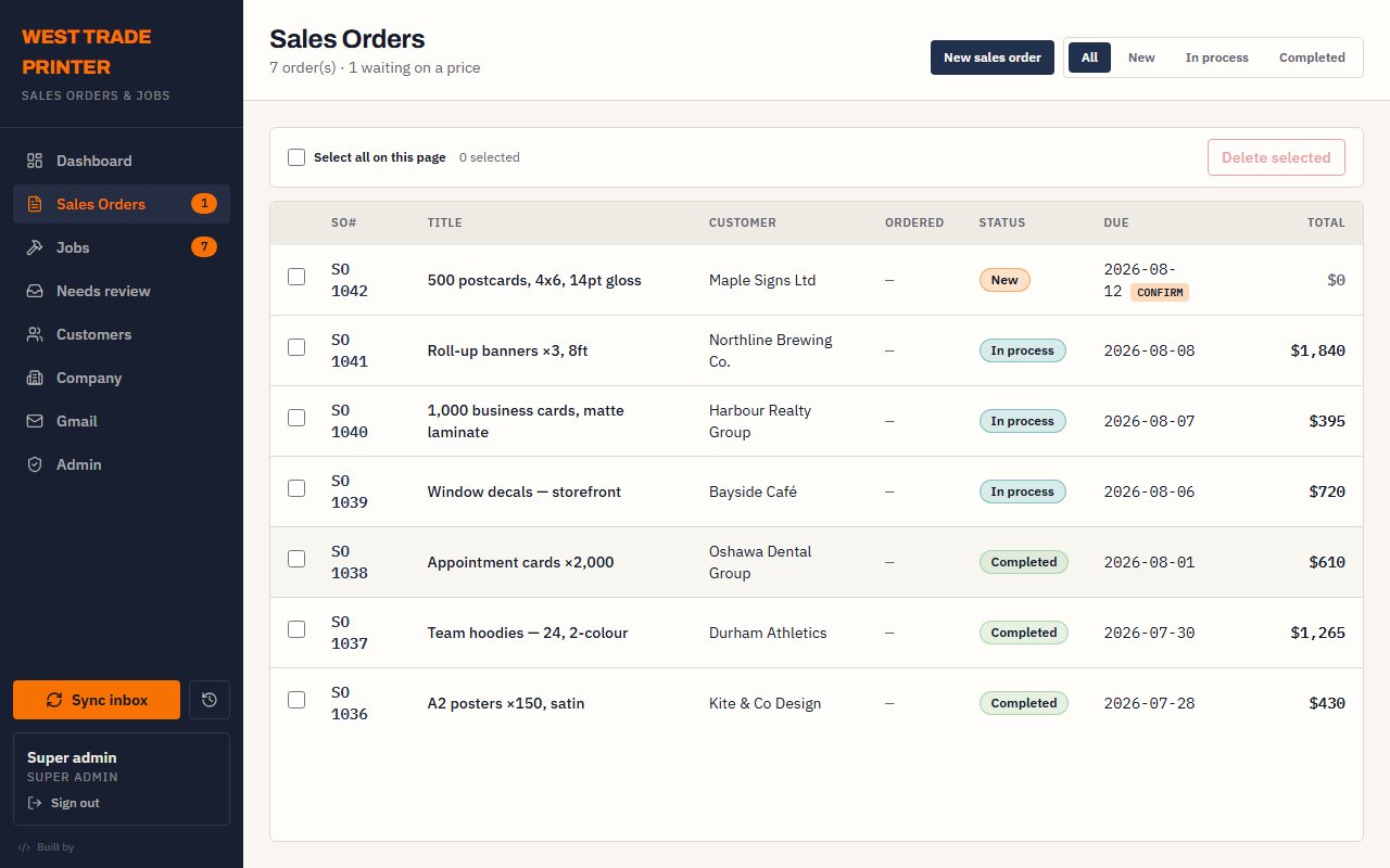 The order board we built for West Trade Printer: AI reads each order email and fills in the job